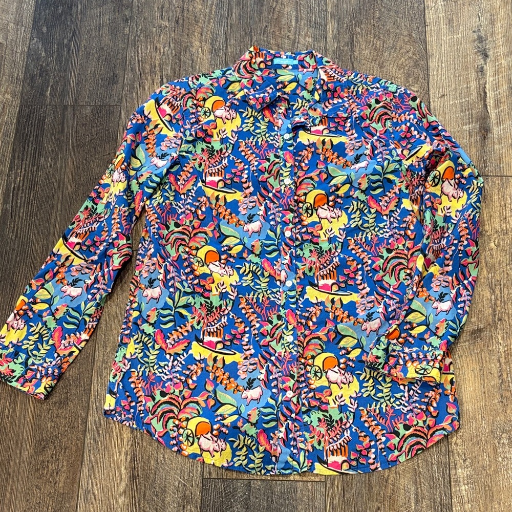 J. McLaughlin Blue Mini Freshfield Pattern Button Down Top Sz M